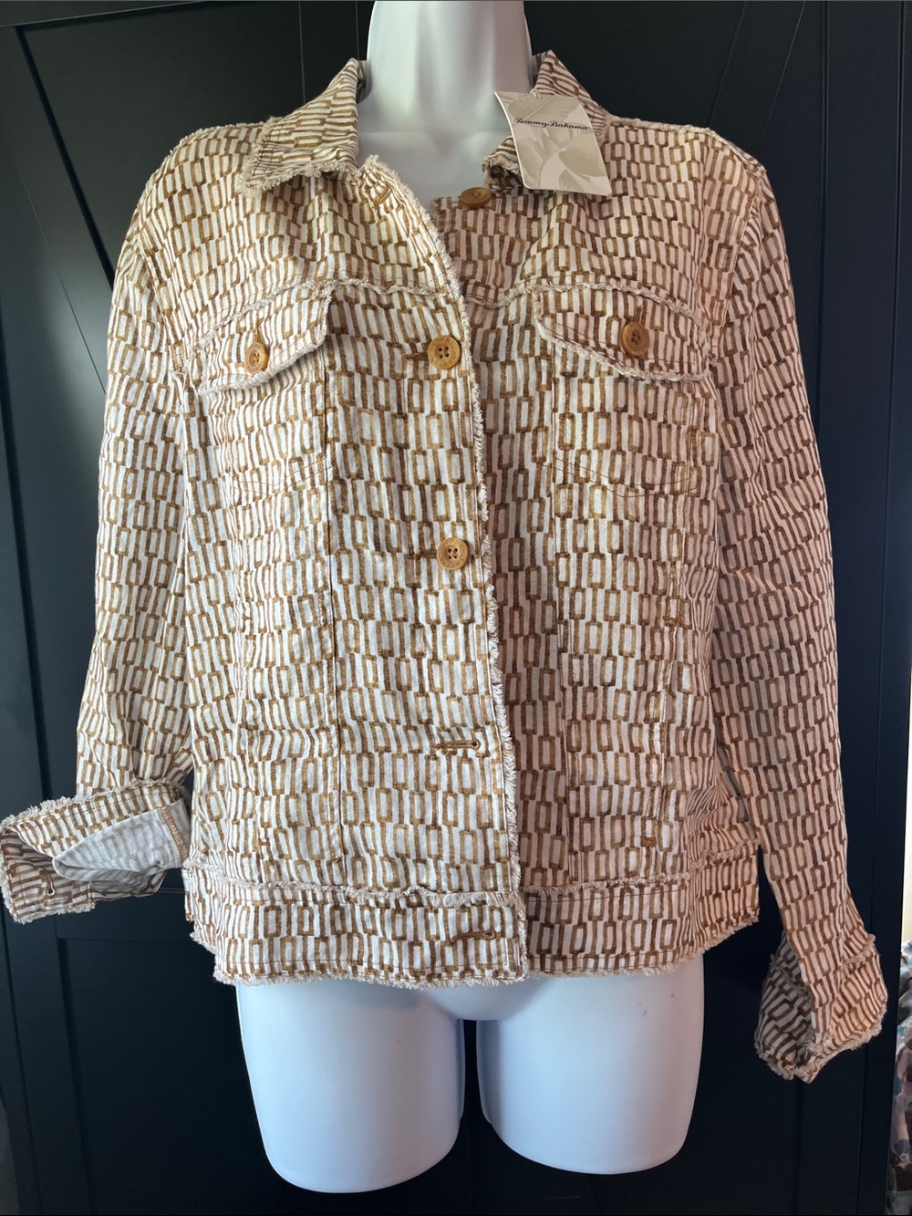 Tommy Bahama Cream and Beige Geometric Boxy Jean Jacket